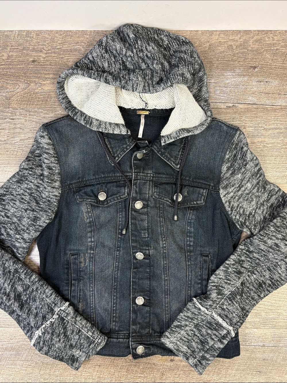 Free People Hooded Denim Knit Sleeve Jacket Size Small